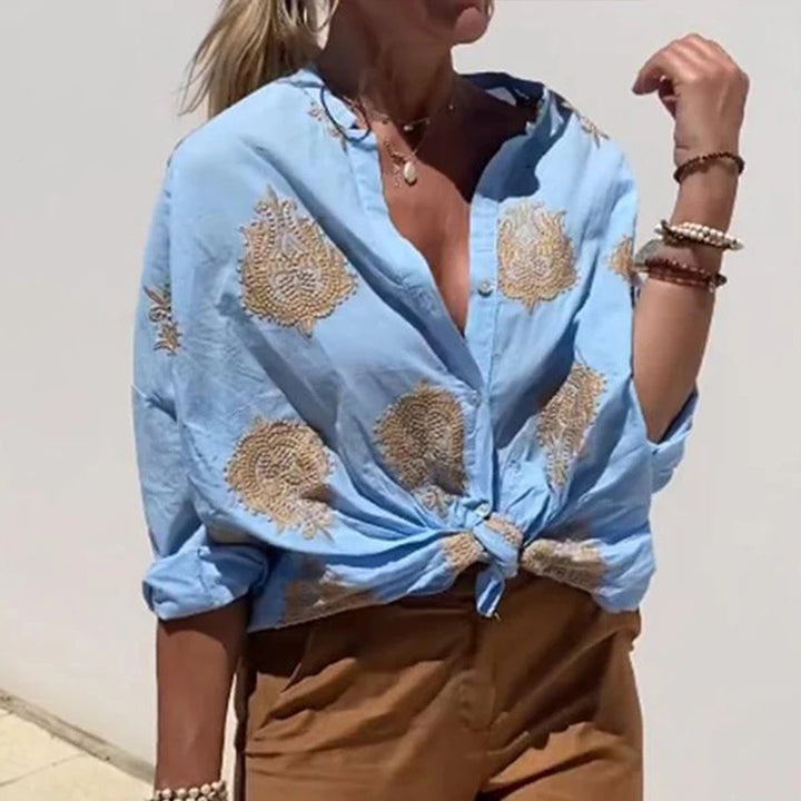 Women's oversized shirt blouse with knot front and paisley embroidery StylebySassy