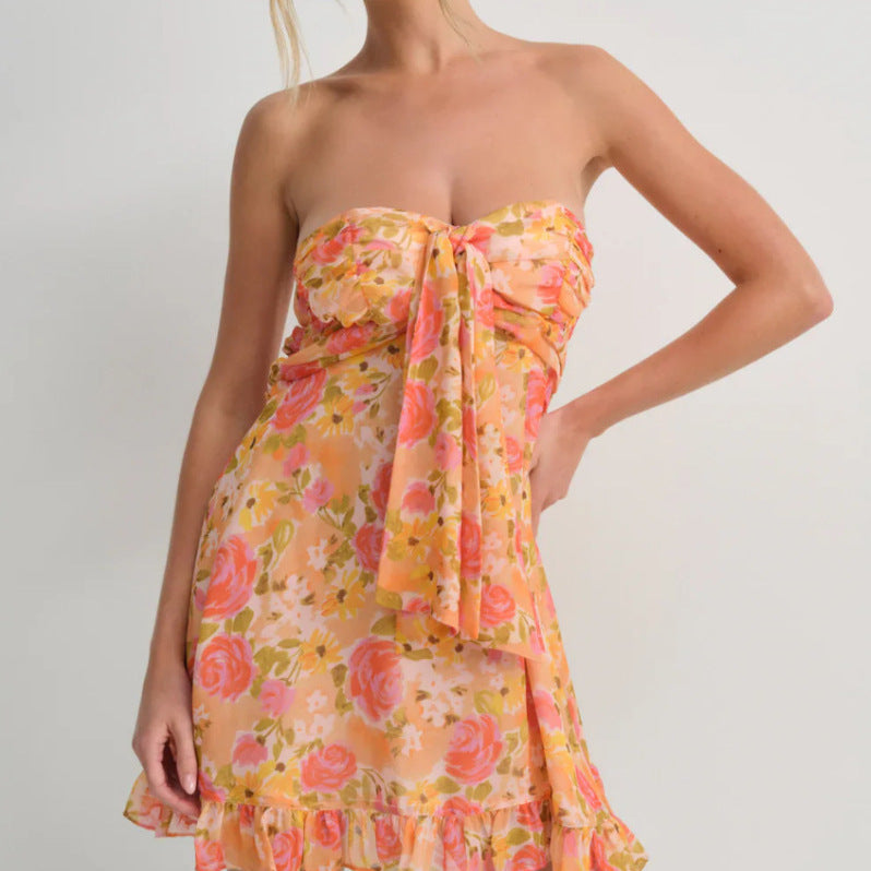 Women's strapless chiffon summer dress with floral pattern bandeau top and ruffle trim StylebySassy