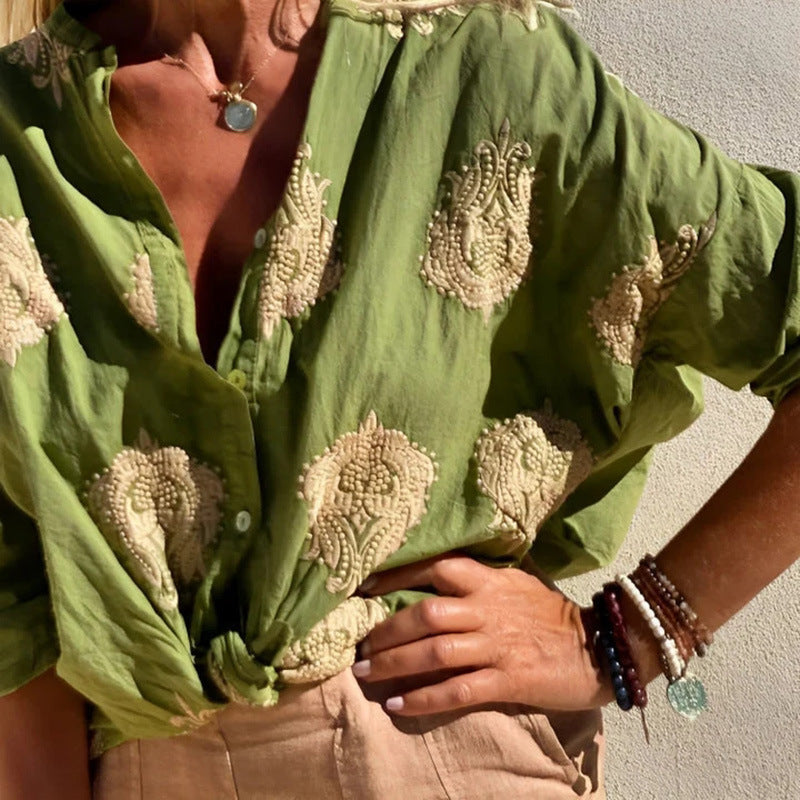 Women's oversized shirt blouse with knot front and paisley embroidery StylebySassy