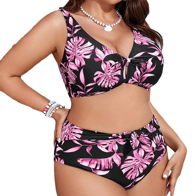 Women's High-Waist Bikini with Floral Design and Decorative Knot Detail StylebySassy