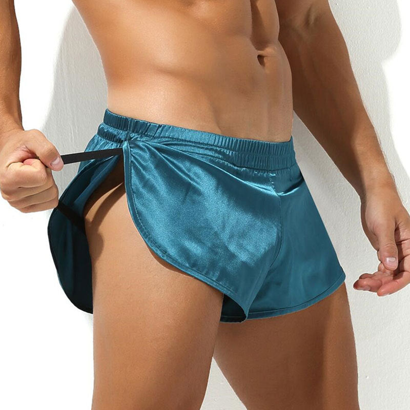Men's short satin sleep shorts with elastic waistband and side slit StylebySassy