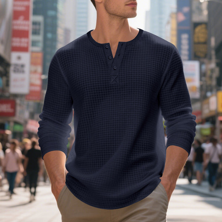Men's nano thermoregulating waffle thermal shirt with short button placket and rounded hem StylebySassy