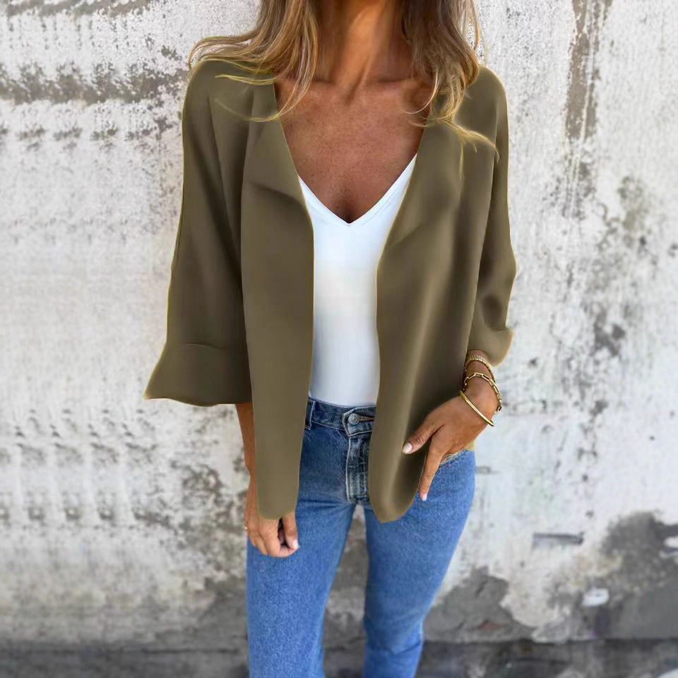Women's light open knit cardigan with shawl collar, roll-up sleeves and boxy silhouette StylebySassy