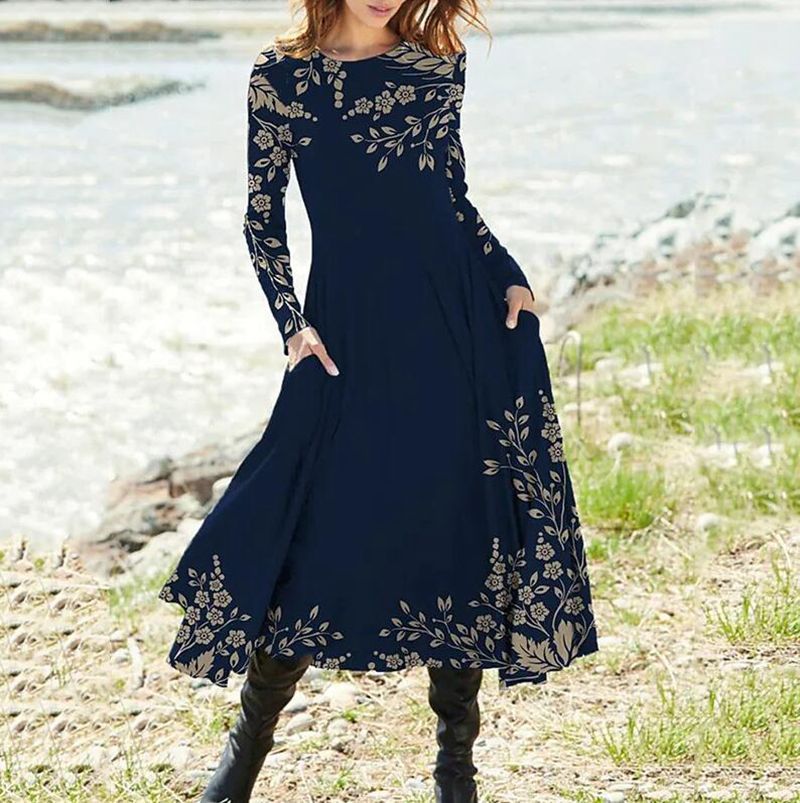 Women's Boho Maxi Dress with tailored empire waist, long sleeves, and side pockets StylebySassy