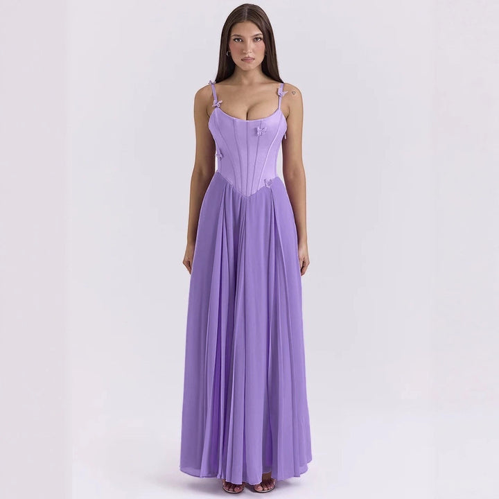 Women's bodycon corset maxi dress with butterfly straps and pleated chiffon skirt StylebySassy