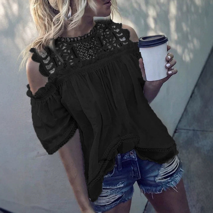Women’s airy cold-shoulder blouse with crocheted stand-up collar, gathered bust area, and wavy hem StylebySassy