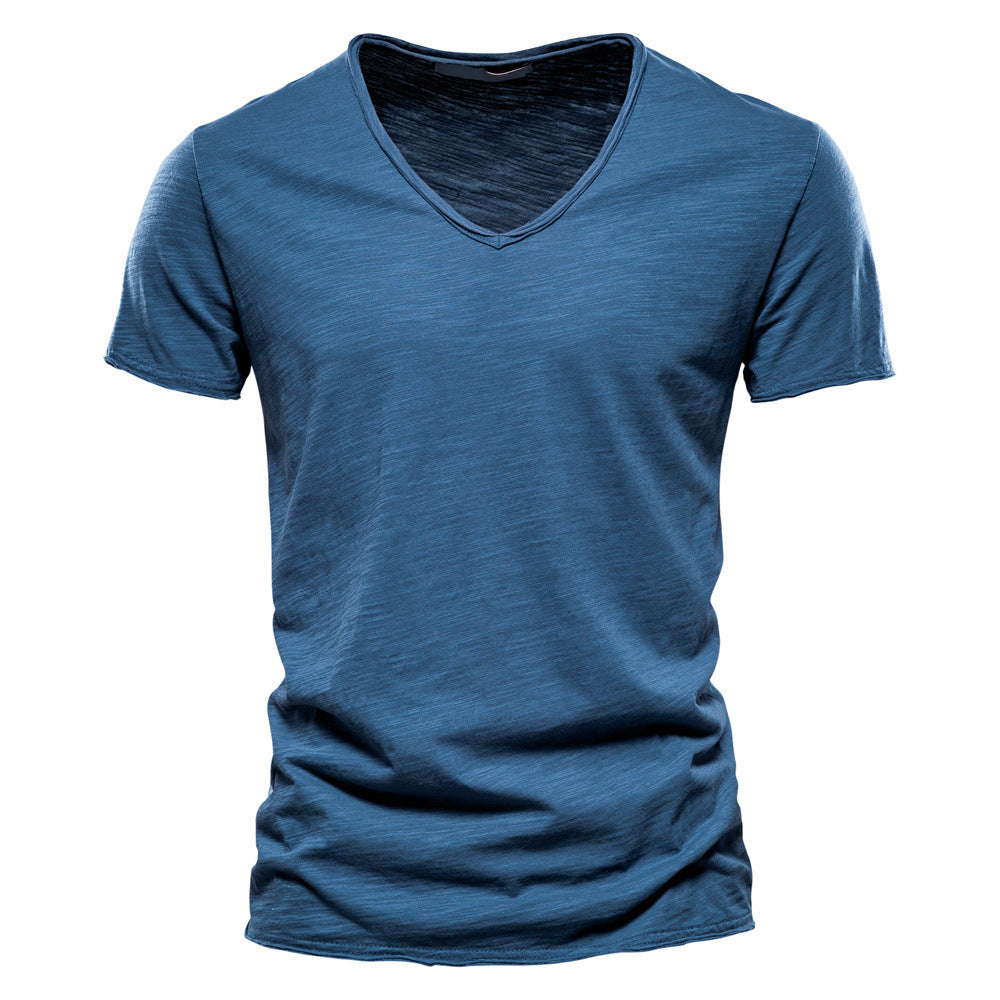 Men's light cotton jersey short-sleeve shirt with V-neck and slim fit StylebySassy
