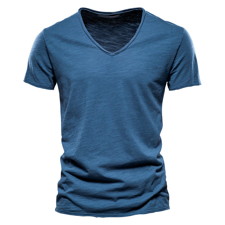 Men's light cotton jersey short-sleeve shirt with V-neck and slim fit StylebySassy