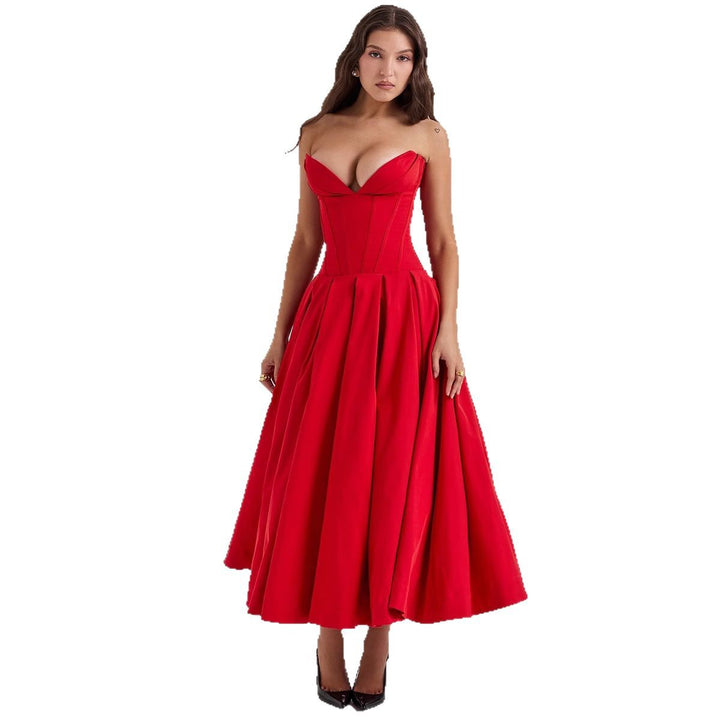 Women's strapless corset midi dress with pre-shaped bodice construction and flared circle skirt StylebySassy