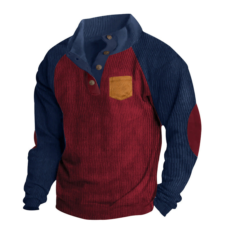 Men's structured half-button knit pullover in cord look with raglan sleeves, front chest pocket, and elbow patches StylebySassy
