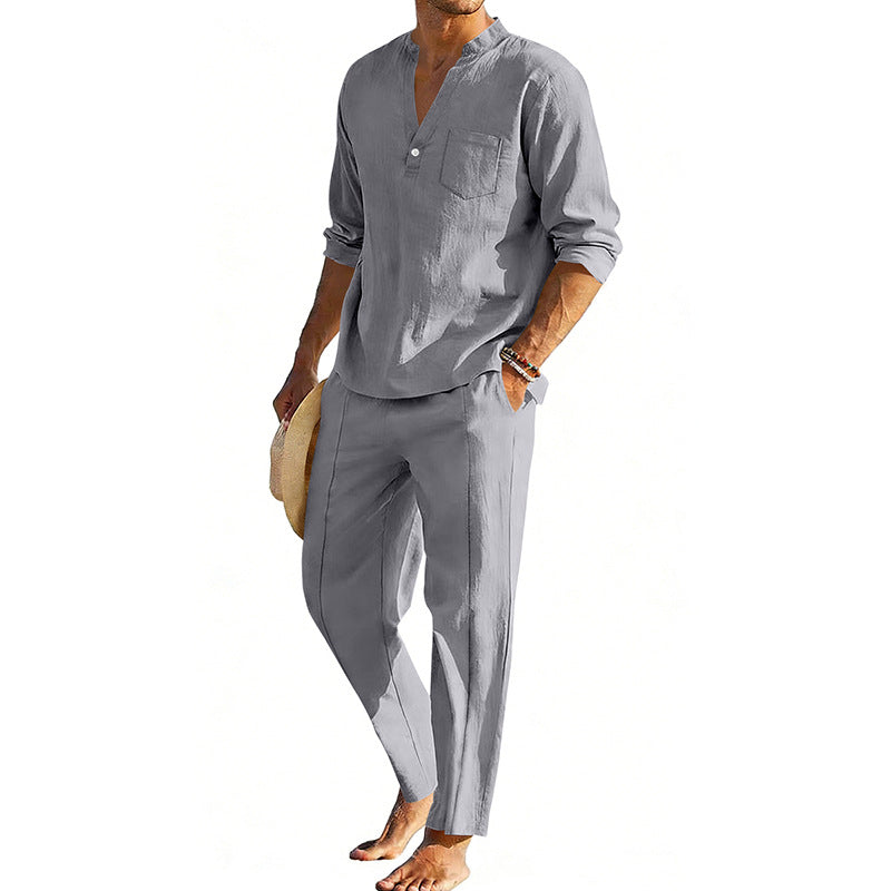 Men's comfortable linen two-piece with stand-up collar shirt and tapered ankle-length pants StylebySassy