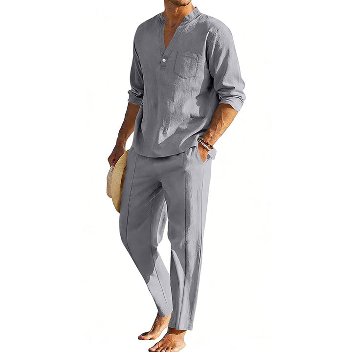 Men's comfortable linen two-piece with stand-up collar shirt and tapered ankle-length pants StylebySassy