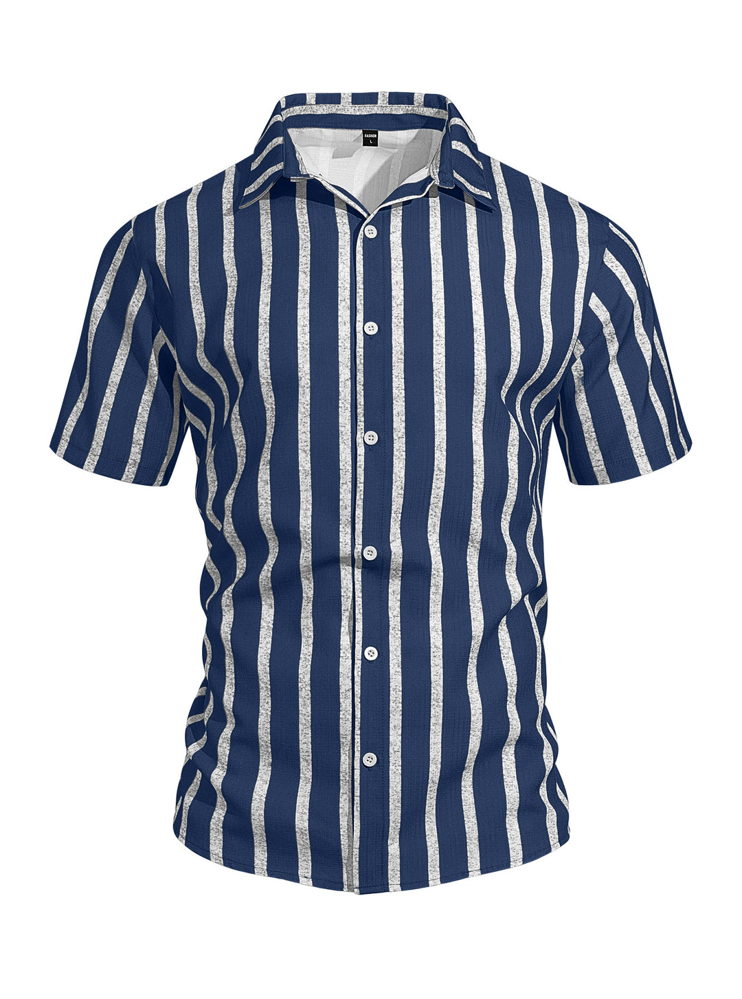 Men's casual short sleeve shirt with vertical block stripes, open lapel collar, and lightweight cotton-linen blend StylebySassy