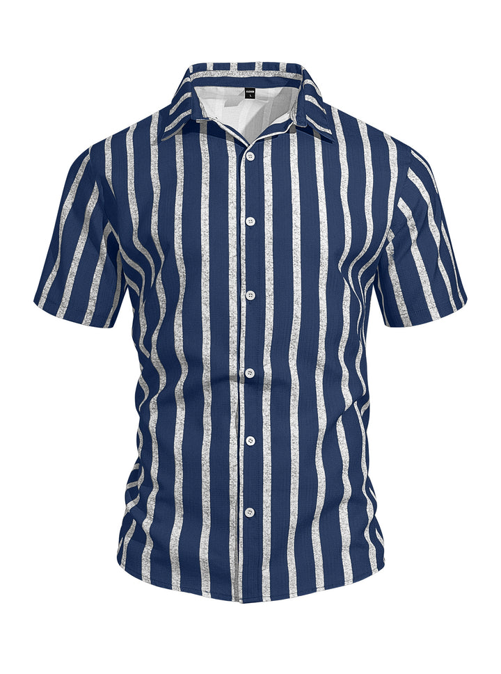 Men's casual short sleeve shirt with vertical block stripes, open lapel collar, and lightweight cotton-linen blend StylebySassy
