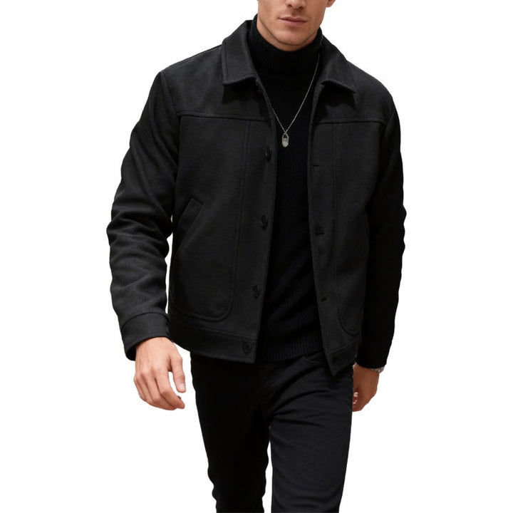 Men's modern trucker overshirt made of suede imitation with decorative stitching and patch pockets StylebySassy