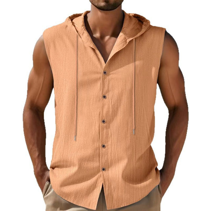 Men's sleeveless hooded shirt in linen look with wooden button placket StylebySassy