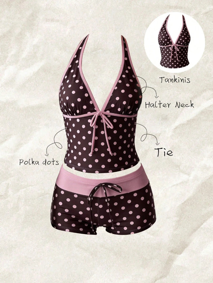 Women's tankini with fashionable polka dot pattern and adjustable halter StylebySassy