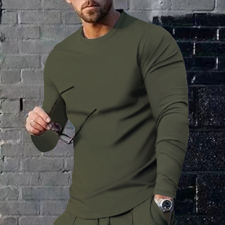 Men's narrow cut long sleeve shirt with round neckline elastic cotton stretch and extended hem StylebySassy