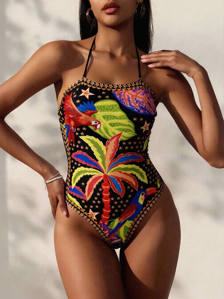 Women's One-Piece Swimsuit with Tropical Pattern and Deep Neckline StylebySassy
