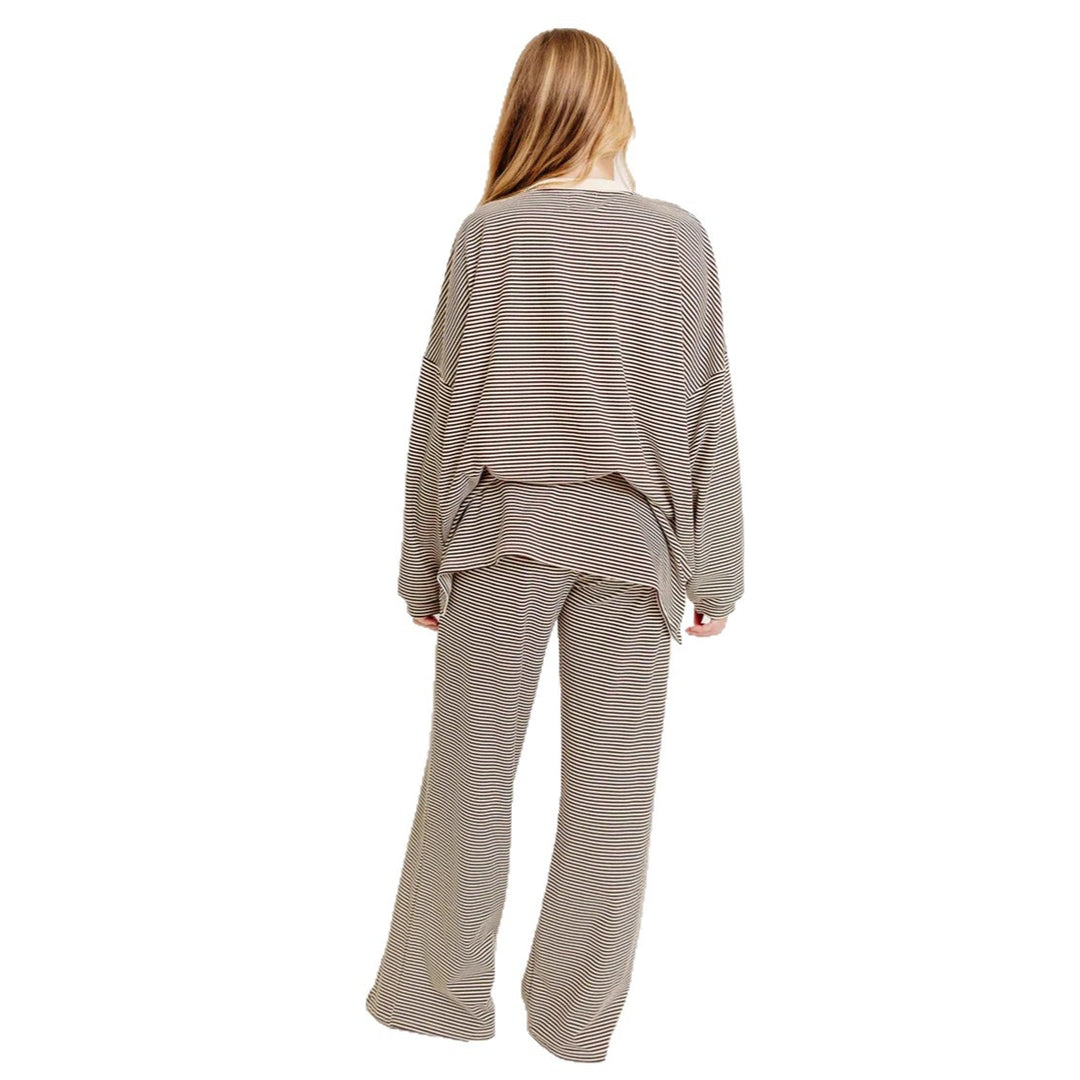 Women's striped comfort set made of fine ribbed jersey with oversized sweater and wide waistband trousers StylebySassy