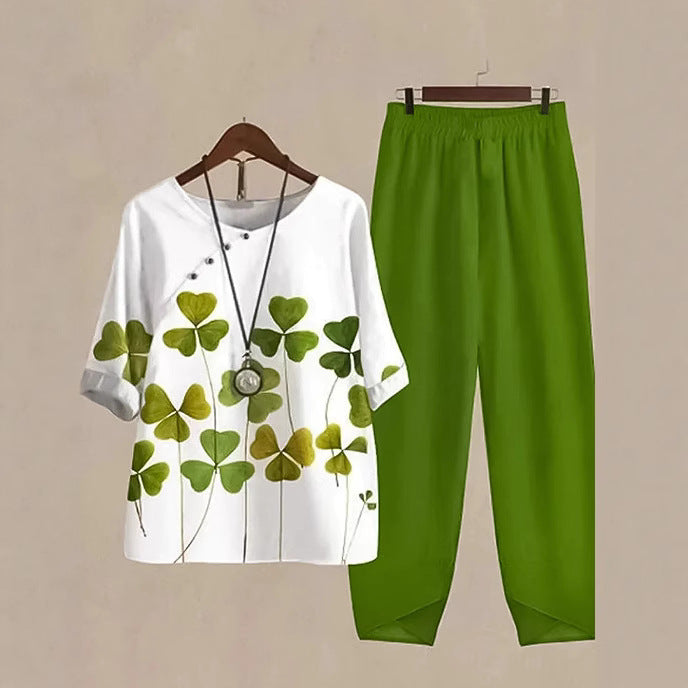 Women's two-piece casual ensemble with clover print tunic and elastic comfort waistband pants StylebySassy