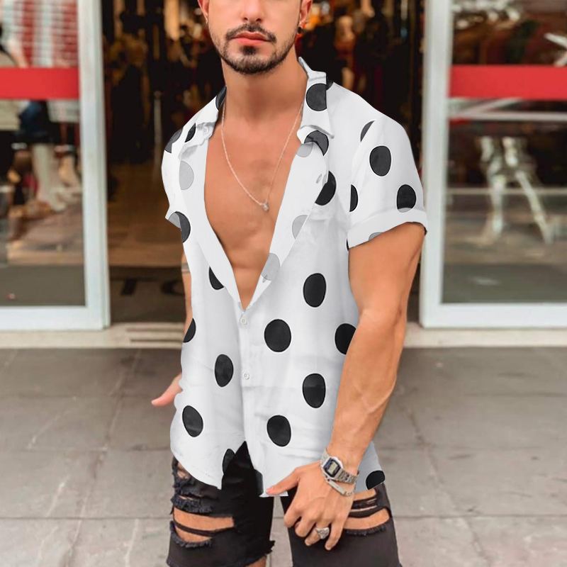 Men's short-sleeved shirt with large polka dot print, deep lapel collar and open button placket StylebySassy