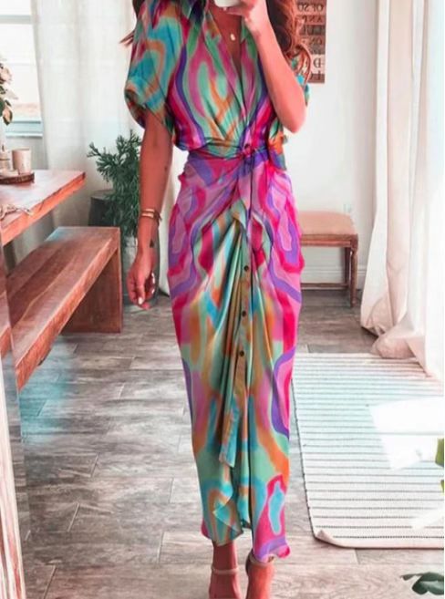 Women’s draped shirt midi dress with waist tie belt, side draping and button placket StylebySassy