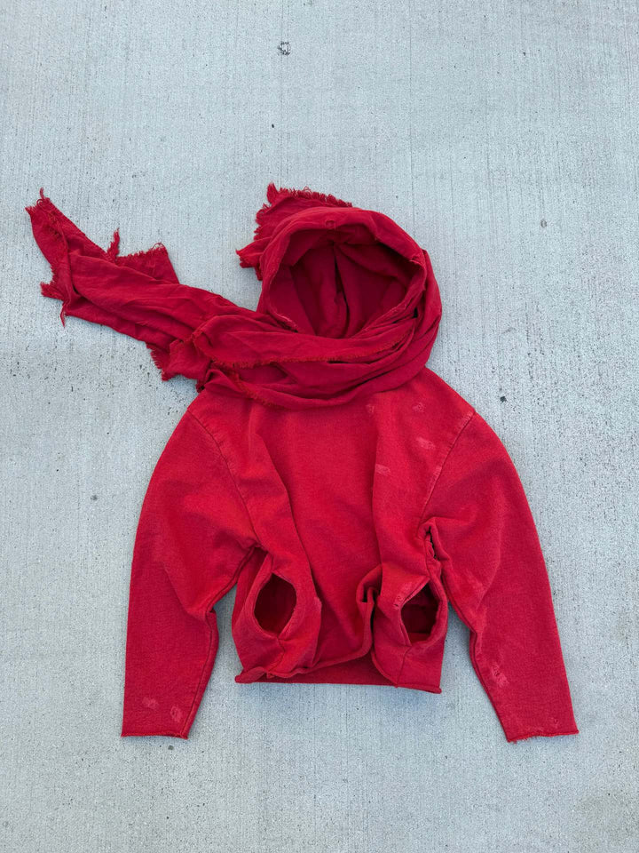 Unisex hooded pullover in usage marks style with attached tube scarf and frayed openings StylebySassy