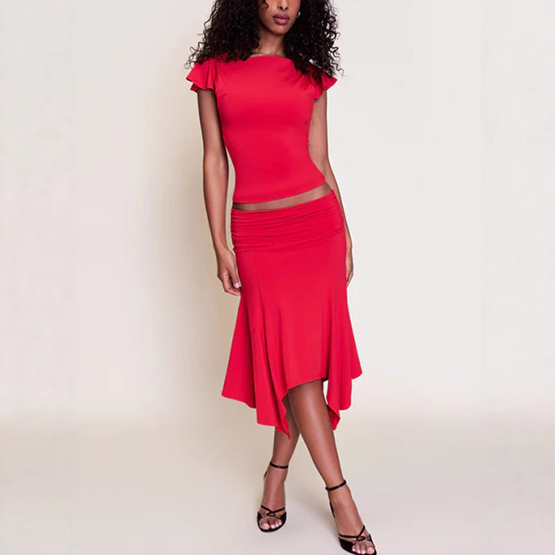 Women's elegant top with ruffle details and asymmetrical skirt StylebySassy