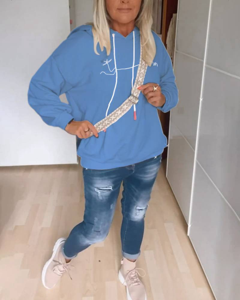 Women casual hoodie with minimalist line graphic, drawstring and ribbed hem StylebySassy