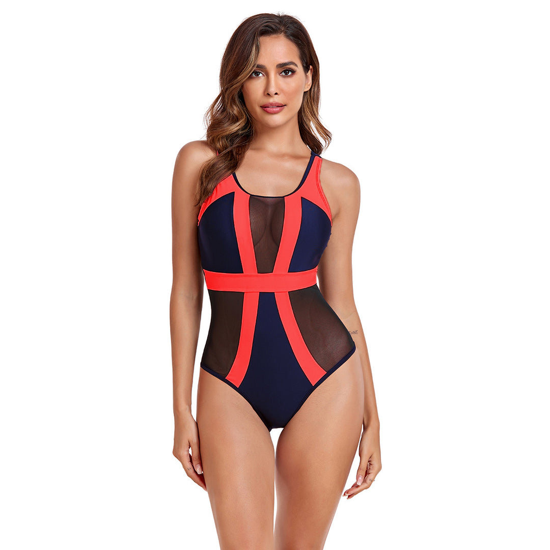 Women's One-Piece Swimsuit with Transparent Mesh Inserts and Stylish Color Block StylebySassy