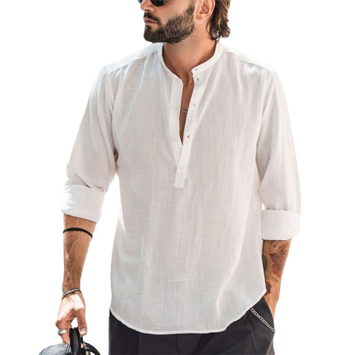 Men's casual shirt with stand-up collar, short button placket, and rounded hem StylebySassy