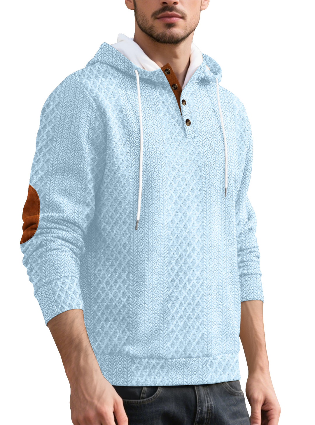 Men's nan diamond structure hoodie with short button placket, quilted hood inner edge, and suede elbow patch StylebySassy
