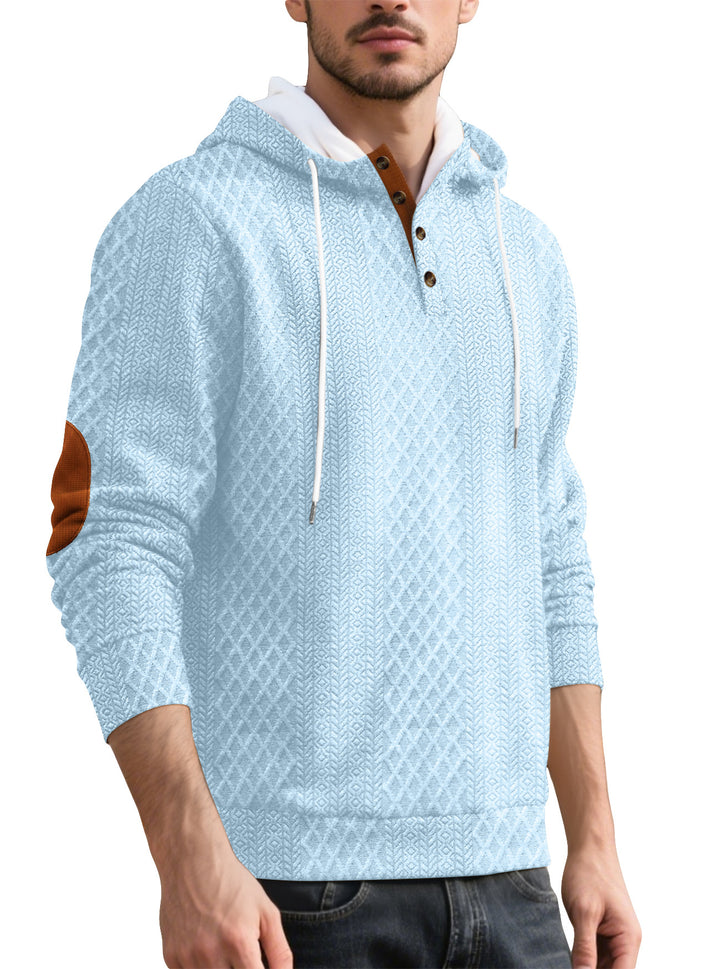 Men's nan diamond structure hoodie with short button placket, quilted hood inner edge, and suede elbow patch StylebySassy