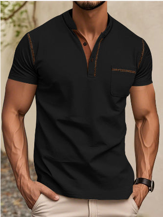 Men's modern short-sleeve Henley with stand collar, contrast stitching, and patch chest pocket StylebySassy