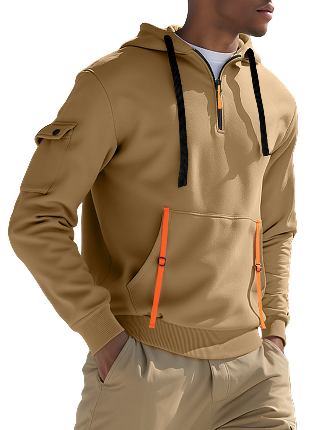 Men's Nano Urban Tech Hooded Half-Zip Pullover with Utility Arm Pocket, Kangaroo Pocket, and Adjustable Zipper Tapes StylebySassy