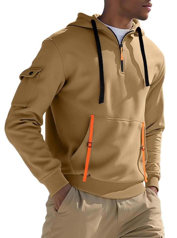 Men's Nano Urban Tech Hooded Half-Zip Pullover with Utility Arm Pocket, Kangaroo Pocket, and Adjustable Zipper Tapes StylebySassy