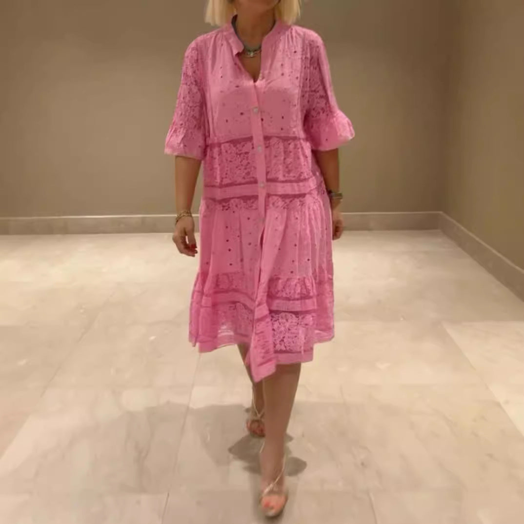Women's shirt blouse midi dress with lace inserts, tiered skirt and full button placket StylebySassy