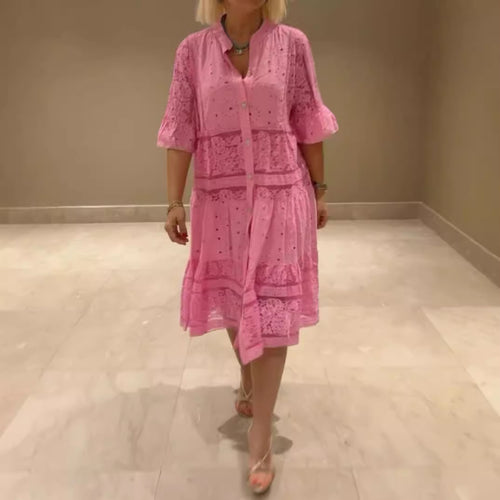 Women's romantic midi dress with broderie anglaise, buttoned top, stand-up collar, half-length flounce sleeves, and tiered hem StylebySassy
