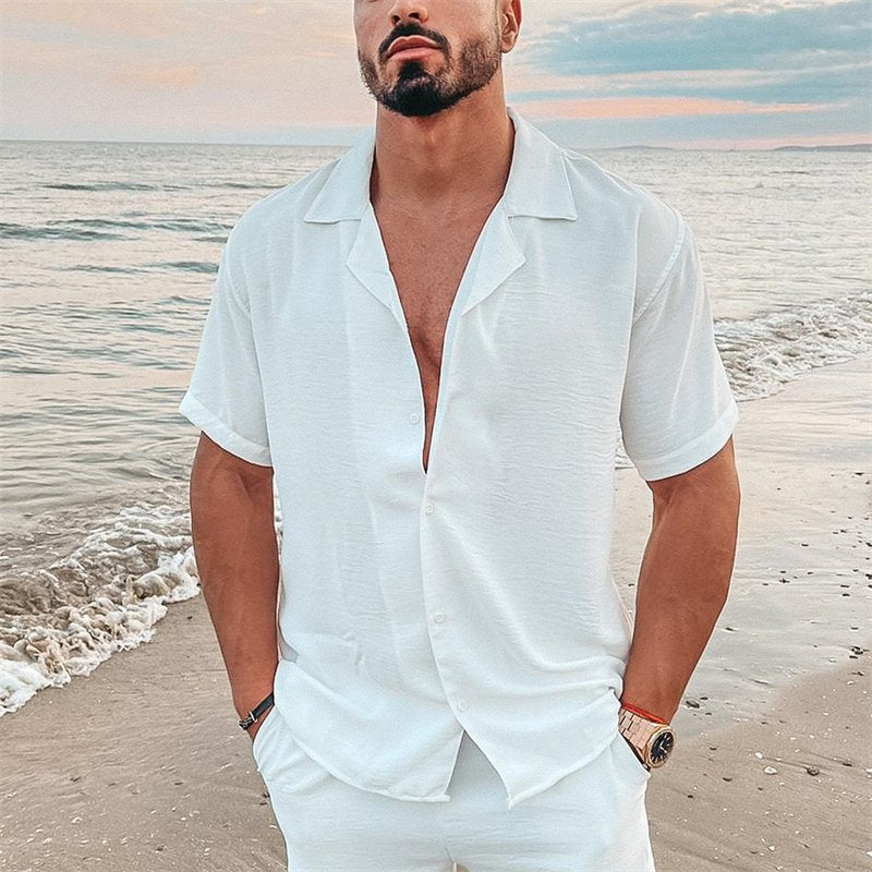 Men's airy beach shirt made of linen blend with lapel collar and open button placket StylebySassy