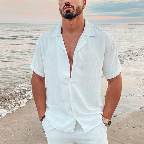 Men's airy beach shirt made of linen blend with lapel collar and open button placket StylebySassy