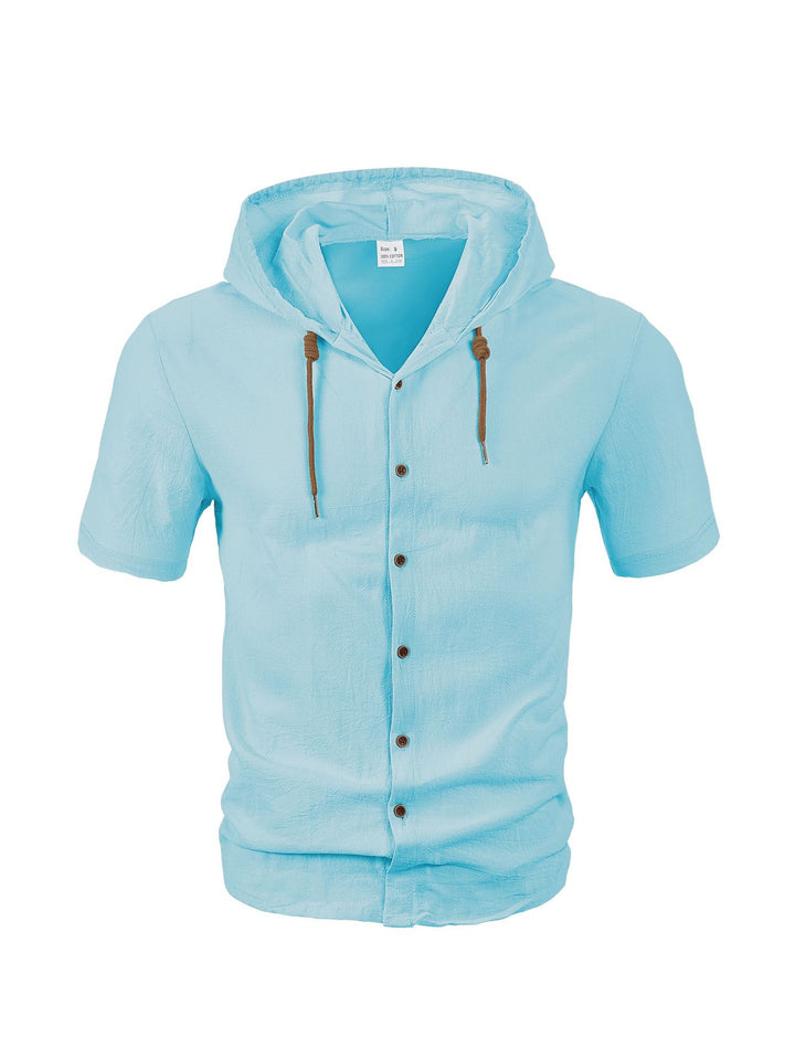 Men's short-sleeved hooded shirt with button placket, drawstring and linen look StylebySassy