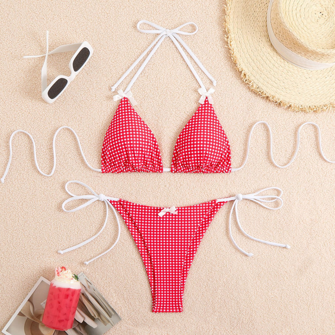 Ladies triangle bikini with playful check pattern and adjustable straps StylebySassy