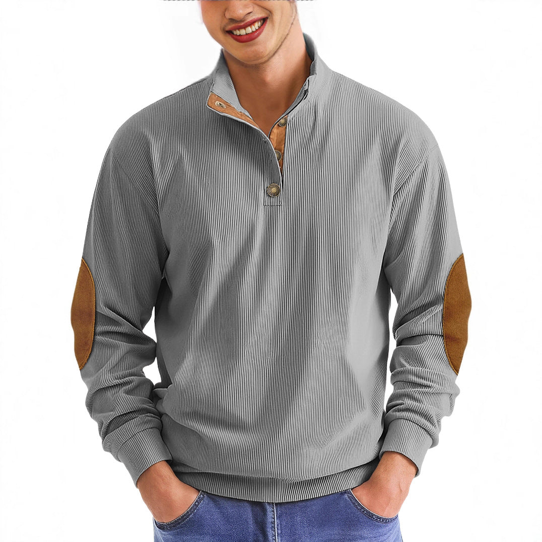 Men's casual structured sweater with polo collar, short button placket and vegan leather trims StylebySassy
