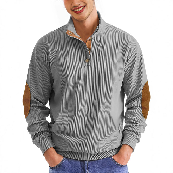 Men's casual structured sweater with polo collar, short button placket and vegan leather trims StylebySassy