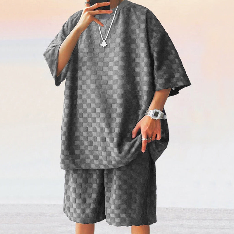 Unisex nan structured relief set made of honeycomb jersey with oversized shirt and knee-length shorts StylebySassy