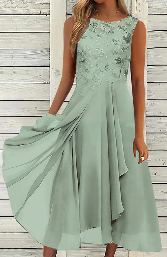 Women’s sleeveless chiffon midi dress with embroidered bodice and asymmetric layered skirt StylebySassy