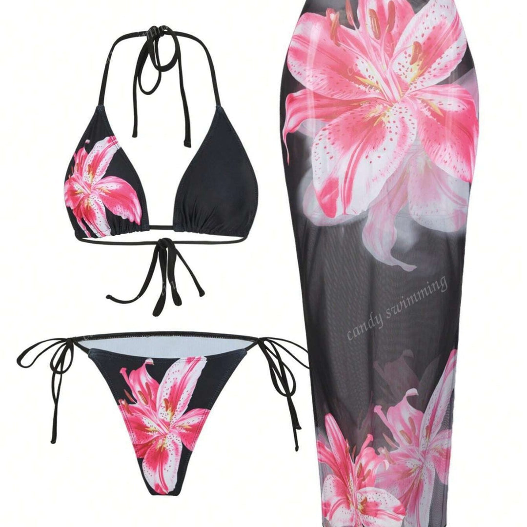 Women's triangle bikini set with floral patterns and transparent maxi skirt StylebySassy
