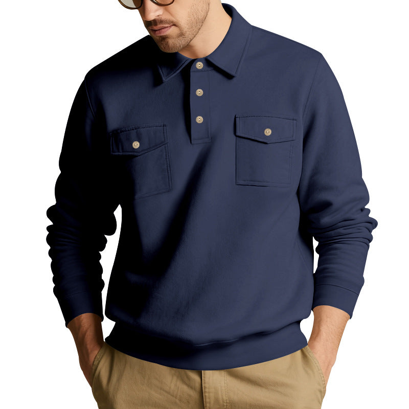 Men's polo collar sweatshirt with patch chest pockets and ribbed cuffs StylebySassy