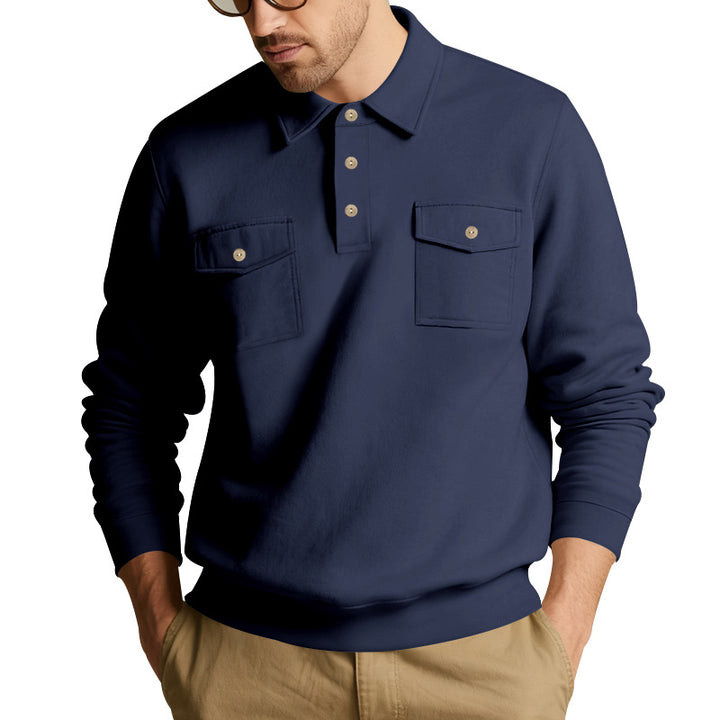 Men's polo collar sweatshirt with patch chest pockets and ribbed cuffs StylebySassy
